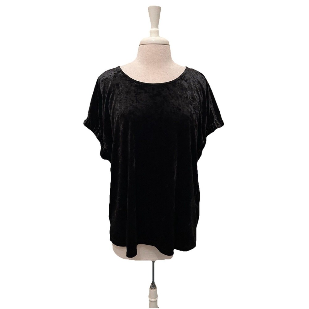 DKNY Black Velvet Short Sleeve Scoop Neck Top